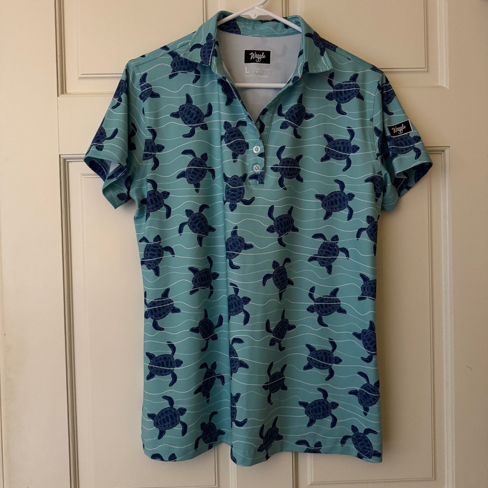 Waggle Men’s (L) Polo Shirt Stretch Performance Size L Aqua Blue Turtle Pattern